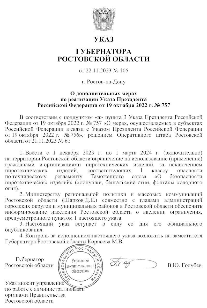 Указ Губернатора Ростовской области об ограничении на использование  пиротехнических изделий — ГКУ РО «Ростсистема»